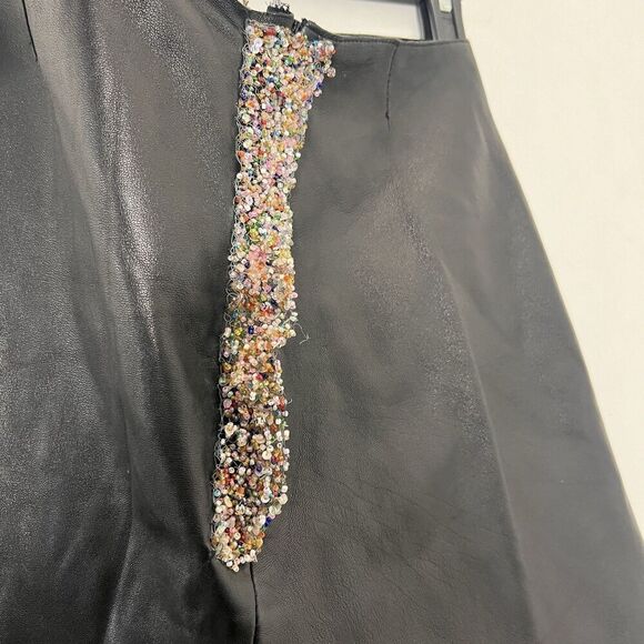 Y2K Genuine Leather Skirt Womens Asymmetric Beaded Front Slit Black Size 6 - Picture 3 of 9